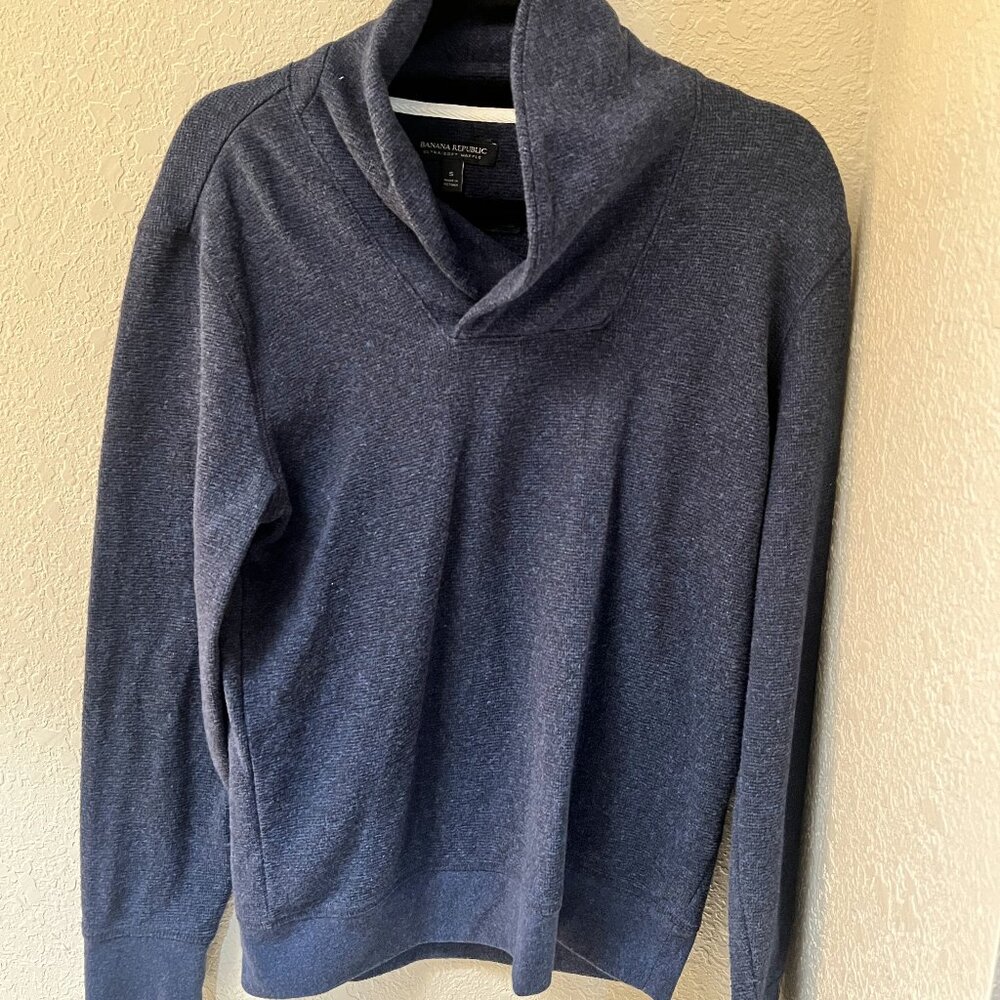 Banana Republic Heather Blue Shawl-Collar Waffle-Knit Sweatshirt Sweater Small S